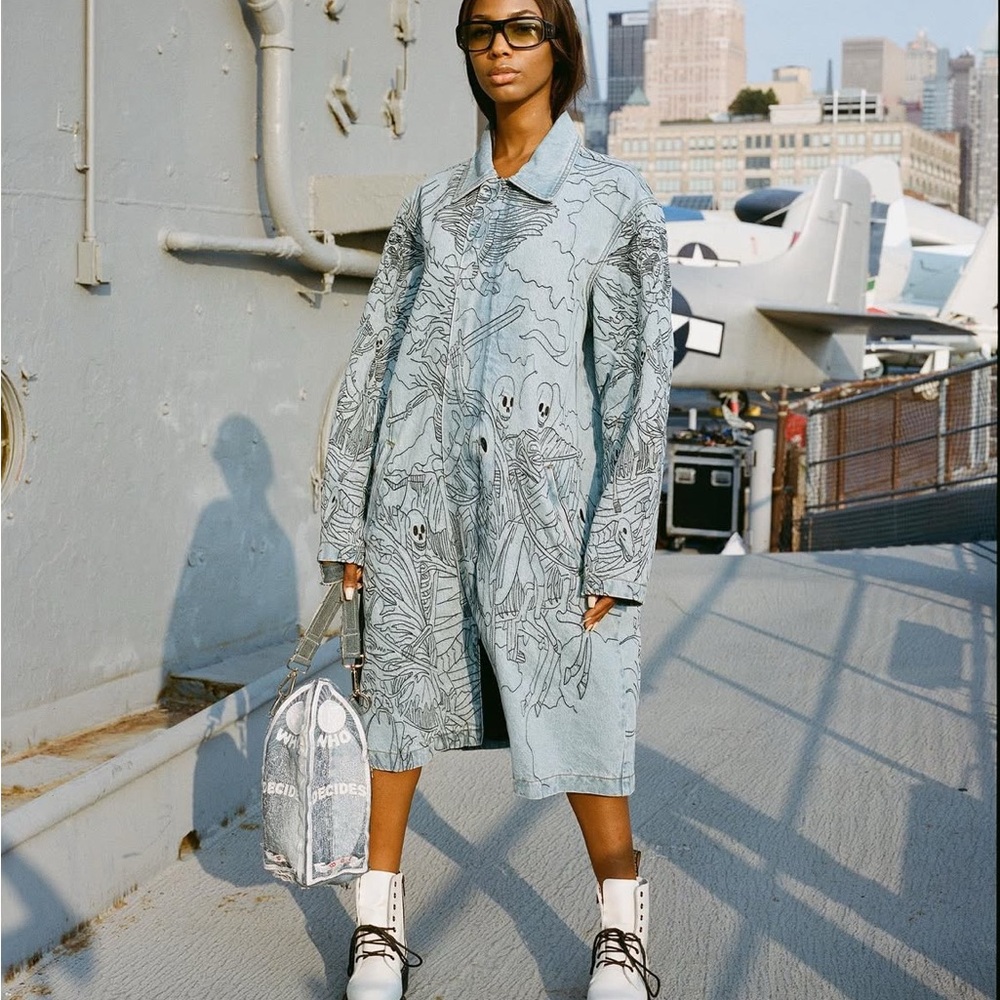 Graphic Denim Coat with Matching Bag